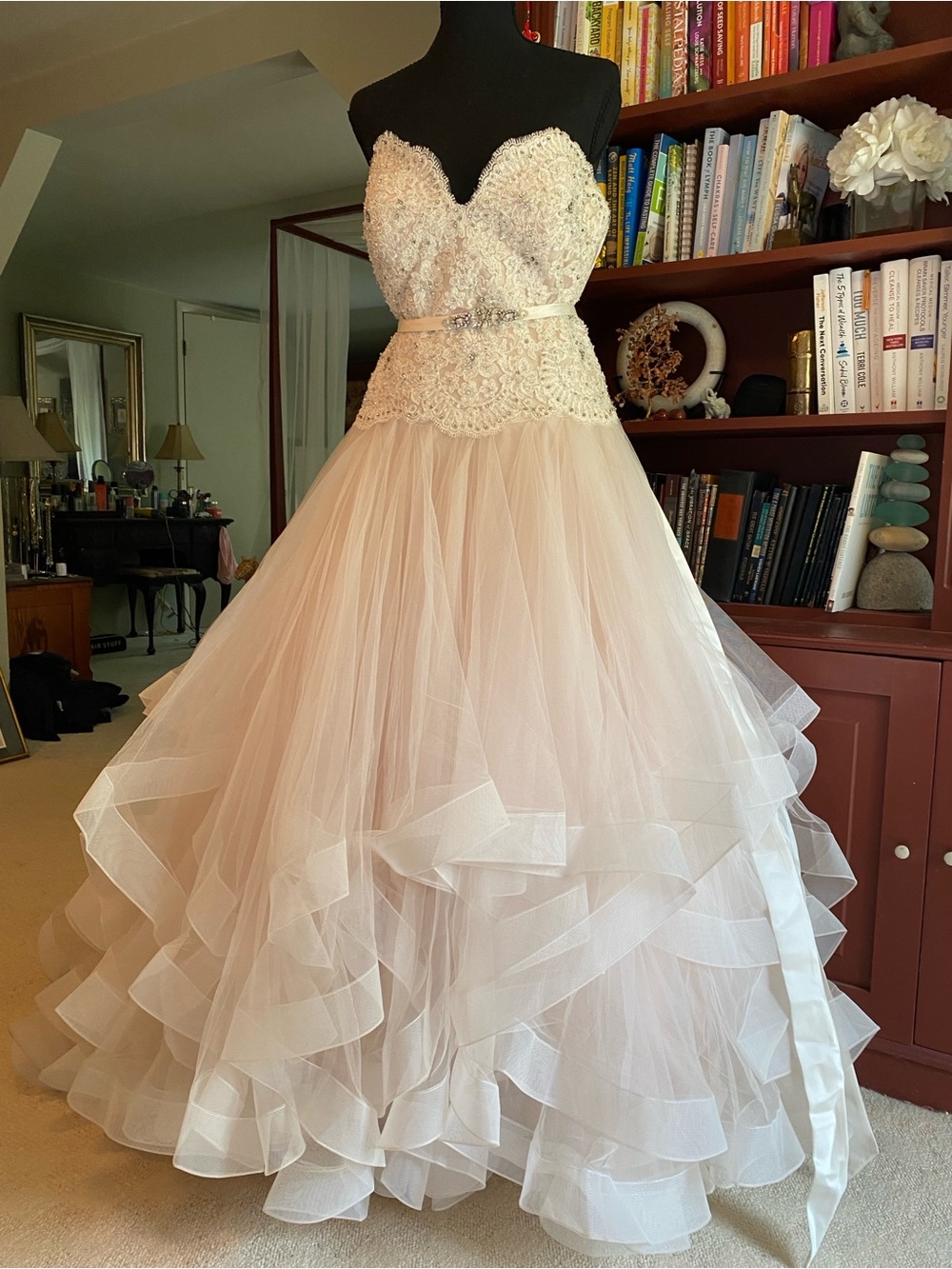 Strapless Lace & Tulle Ball Gown Dress in Blush Pink